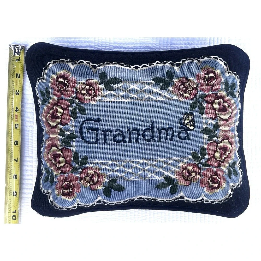 Vintage 1990s Grandmillennial Floral Jacquard Throw Pillow Roses Cottage Core